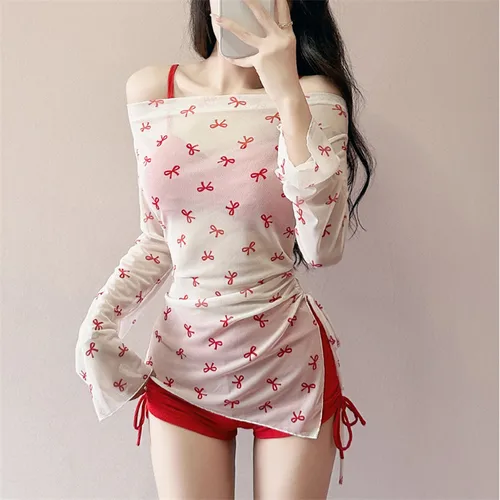 Traje de baño coreano rojo, conjuntos de Bikinis sexis de cintura alta, 3 piezas con cubierta con estampado de lazo, bata con cordón, traje de baño con cordones, ropa de playa