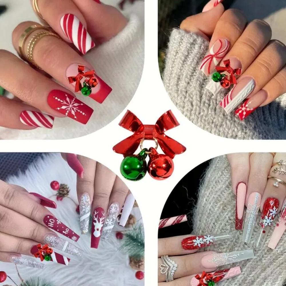 10개입 징글벨 리본 크리스마스 네일 참 3D 12*15mm 레드 그린 리본벨 펜던트 네일 액세서리 크리스마스 Y2K 매니큐어 장식