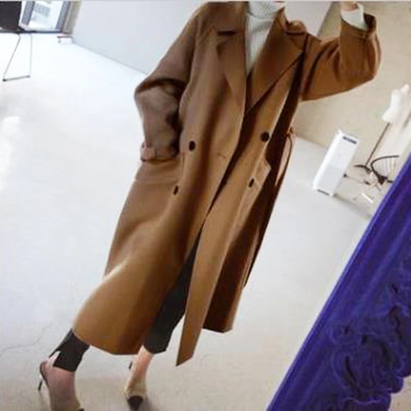 

2023 Women's Woolen Coat Autumn Winter New Korean Mid Length Loose Knee Waist Harajuku Style Jacket Warm Button Wear Clothing