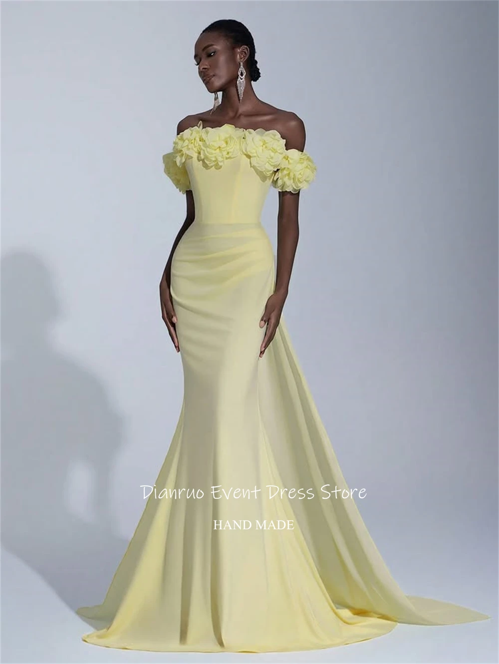 Gaun Malam Dianruo Kuning Model Off Shoulder, Model Mermaid dengan Hiasan Bunga 3D, Vestido Formal Panjang Menyentuh Lantai, Vestidos De Verano Unik, Dapat Dipesan Sesuai Keinginan