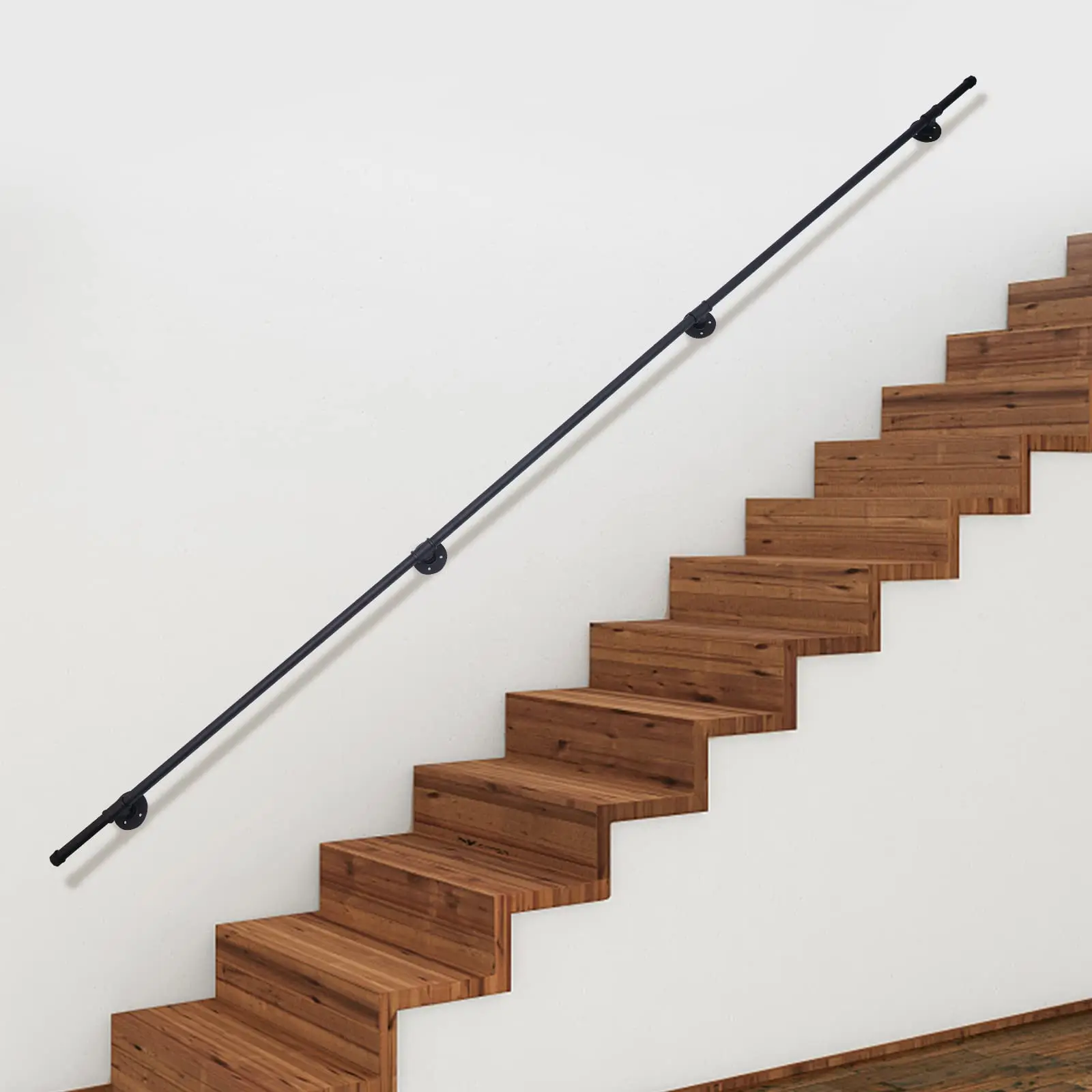 Dynami 9ft Black Pipe Stair Handrail, Wall Mount Black Galvanized Industrial Hand Rail Iron Loft Pipe Handrail, Metal Railing Non-
