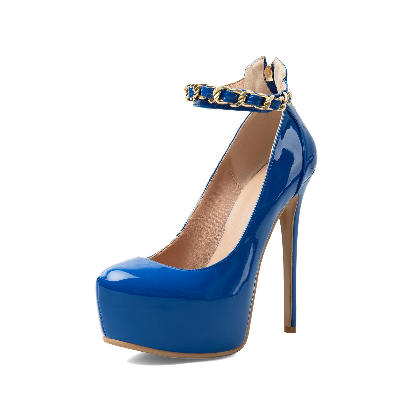 Royal Blue Patent Leather Platform High Heel Pumps Gold Chain Ankle Strap Back Zipper Stiletto Women Party Fashion Shoes view 3