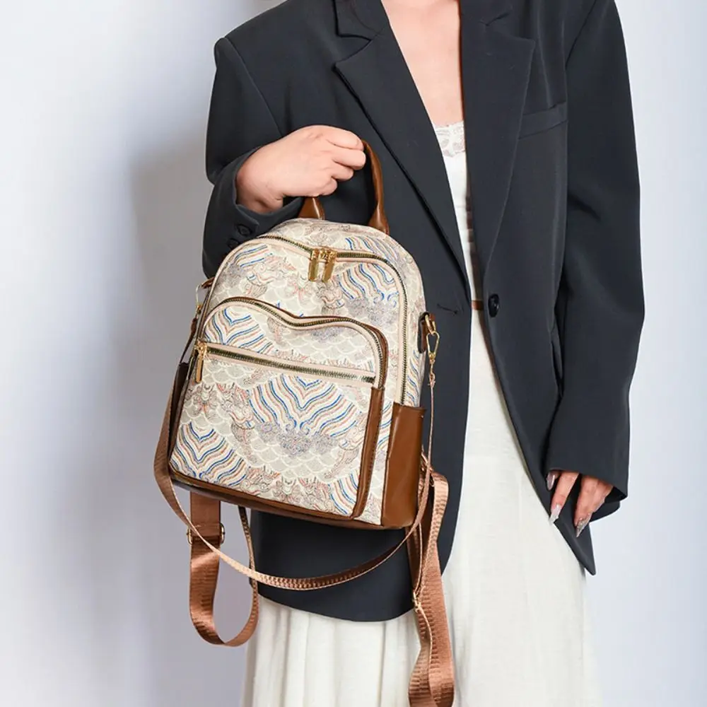 Large Capacity Women Casual Backpack Top Handle Pu Ethnic Style Shoulder Bag Embroidery Printed All-match Mini Travel Backpack
