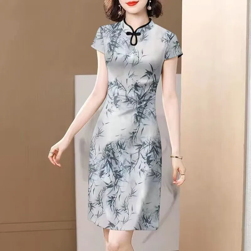 Vestido  Modificado de Crimento Médio Moda Fena Verão Estampado Camada Base com Cinto Disfarce de Gordura Man...