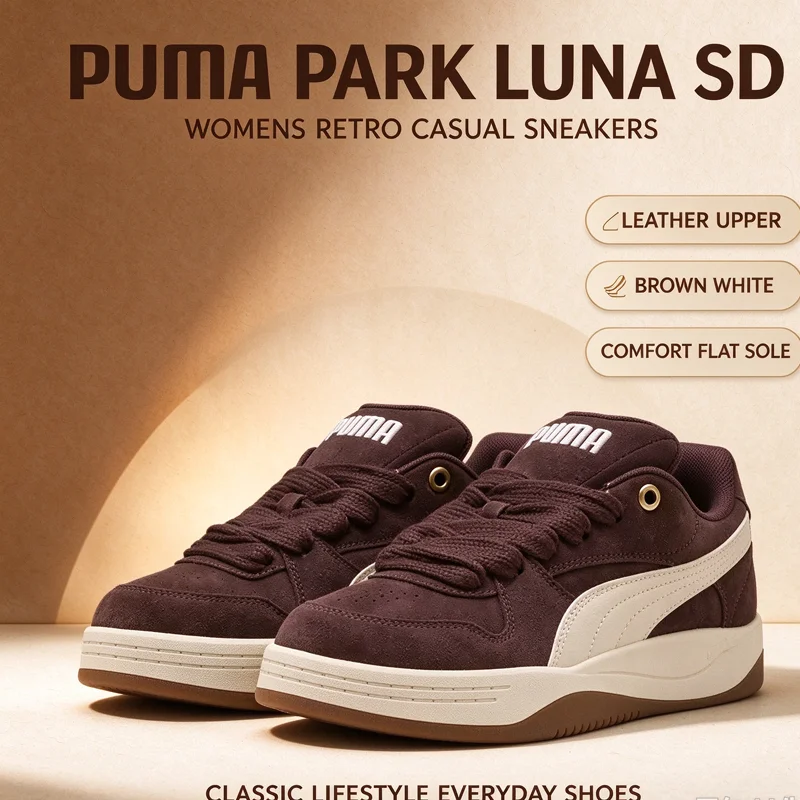 Puma Park Luna SD 395230-02 Womens Retro Casual Sneakers Grey White Black Leather Upper Comfort Flat Sole