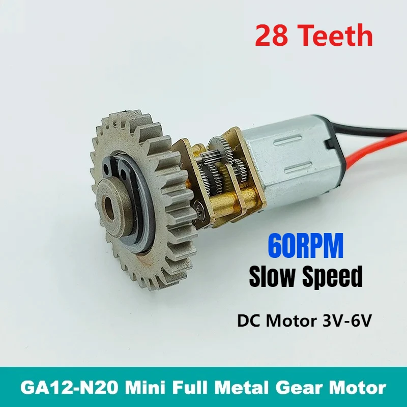 1PC Mini N20 12mm Full Metal Gearbox DC Motor 3V-6V 60RPM Slow Speed 28 Teeth Gear Wheel for DIY Toy