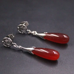 Real Jade Gp Earrings 18K Gold Plated For Women Red Jadeite Chalcedony Long Raindrop Heating Jade Earrings Hook 38*13mm