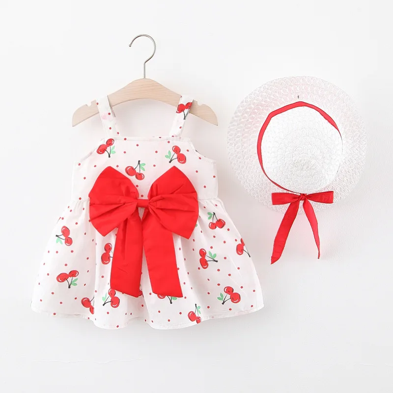 2 Potong Baju Anak Musim Panas Motif Kartun Lucu Anak Perempuan Ceri Tanpa Lengan Baju Katun Bayi Merah Muda + Baju Balita Sunhat BC2206-1