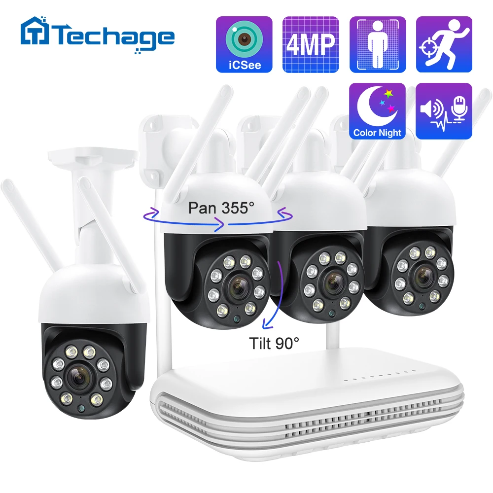 Techage H.265 8CH 4MP Wireless Camera System Humanoid Auto Tracking Smart AI PTZ Camera Two-way Audio Mini WiFi Surveillance Set