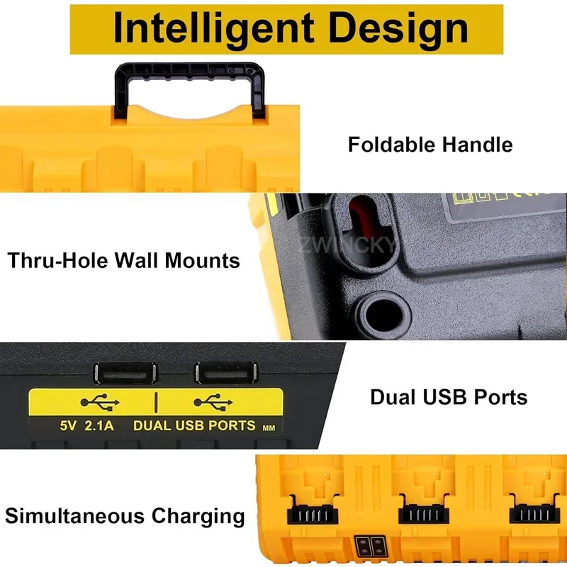 Imagem -02 - Carregador de Bateria do Li-íon Corrente 4-port para Dewalt 12v 14.4v 18v 20v Dcb107 Dcb115 Dcb118 3a