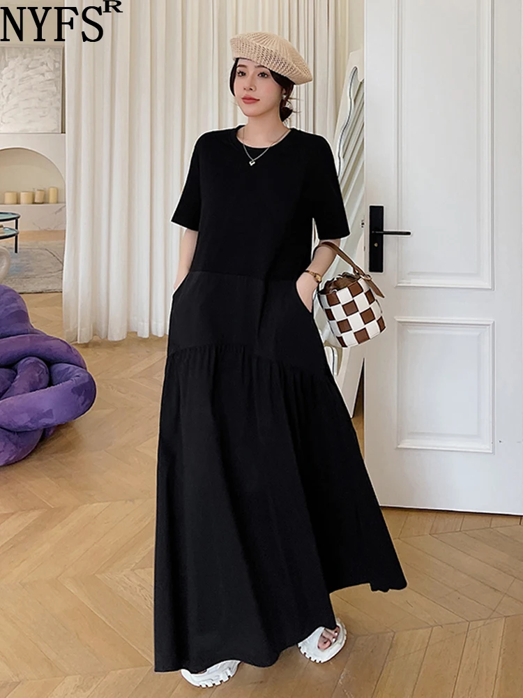 NYFS-فستان نسائي كوري مرقع ، فساتين طويلة ، مقاس كبير ، فضفاض ، أكمام قصيرة ، واقي شمسي إضافي ، Elbise ، صيف ، جديد ، ـــ #1