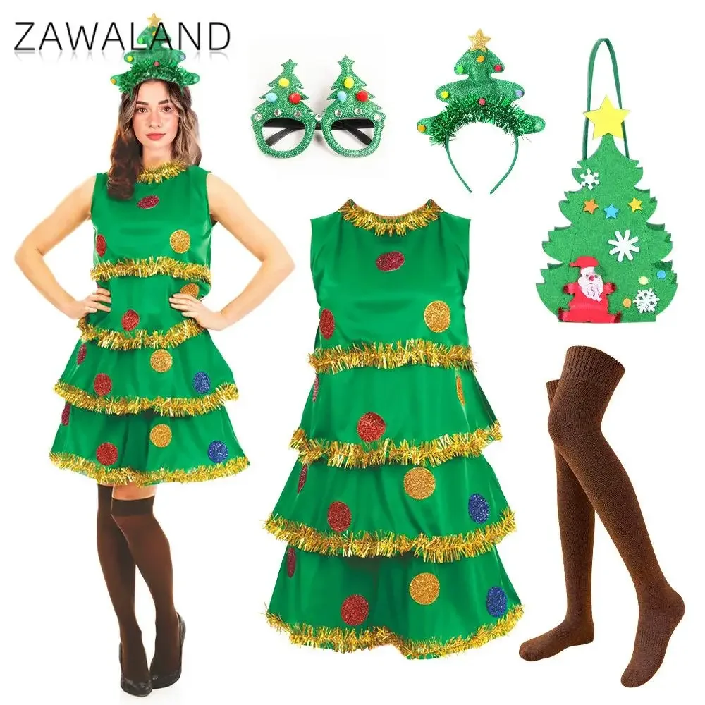 Christmas Costume Adult Women Green Elf Christmas Tree Cosplay Costume Holiday Party Performance Dress Up Xmas Clothing Set Gift