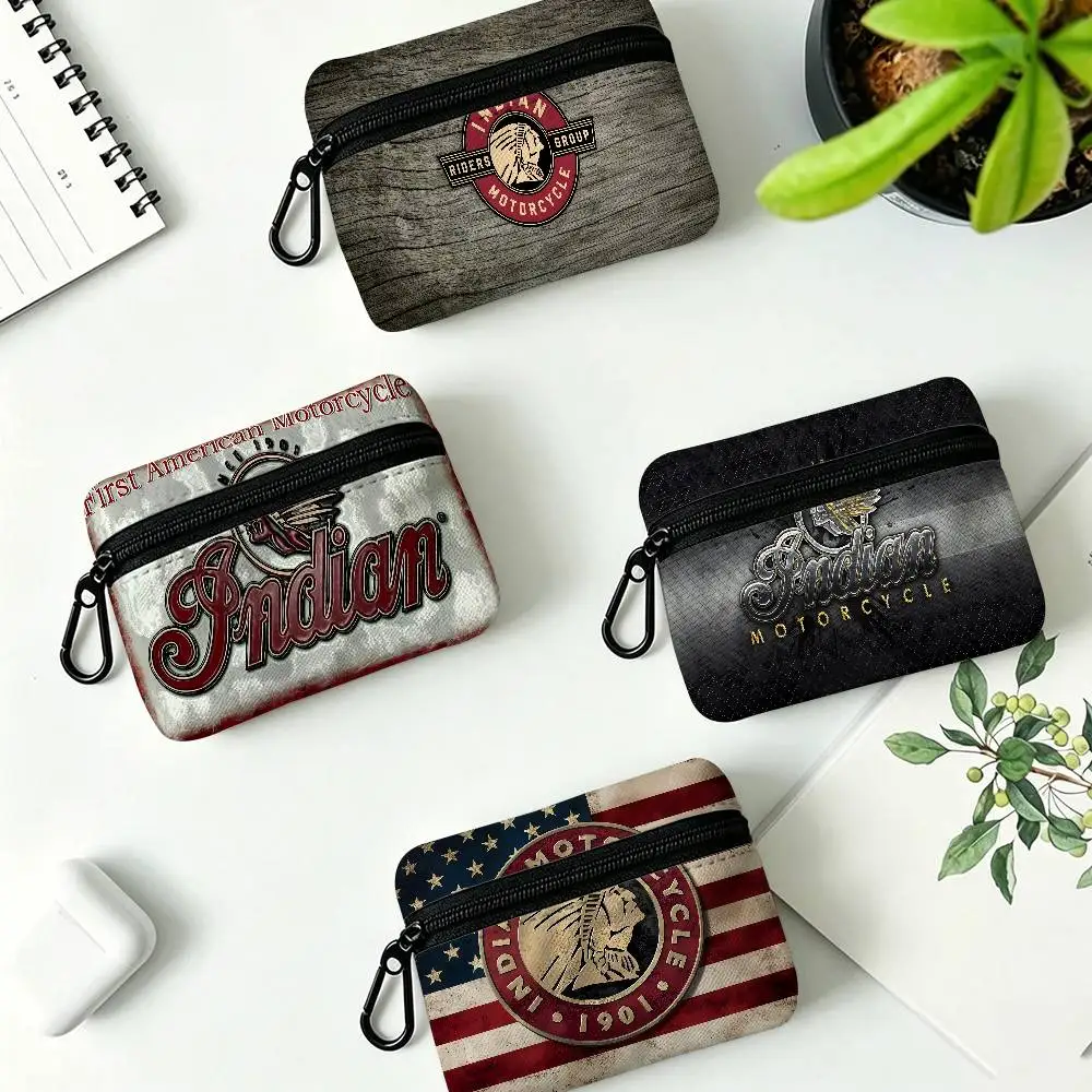 I-Indian M-Motorcycle White Oxford Cloth Zipper Coin Purse Lightweight Hanging Key Pouch Card Holder For Daily Use