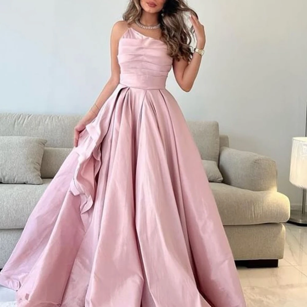 

A-Line Pink Strapless Floor Length Sleeveless Pleats Jersey Sweep Train Saudi Evening Dresses Bespoke Occasion Gowns Modern 2024