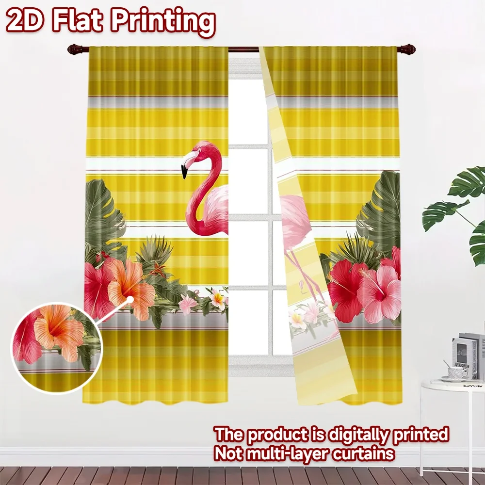 2D flat 2pcs Curtain French Romantic Style Curtains Tropical Pink Flamingo Digitally printed polyester Festive Holiday Use for