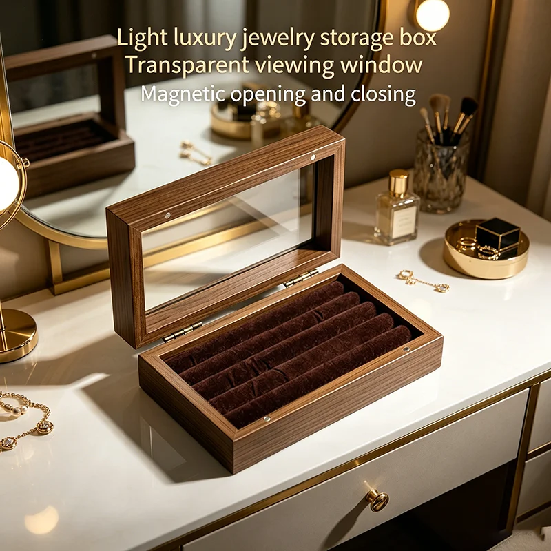 Wooden Ring Jewelry Box With Glass Lid Velvet Lining Ring Storage Organizer Case Multi‑Slot Display Holder for Rings Small Jewel