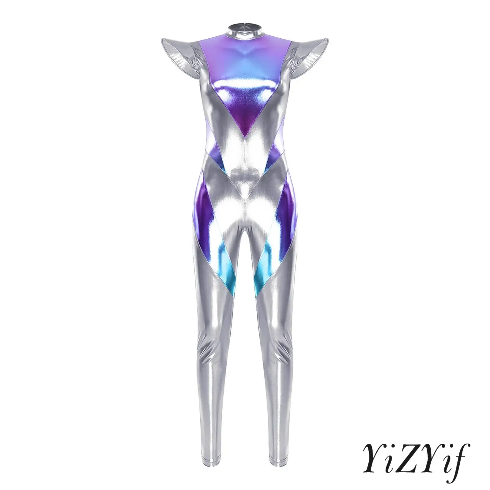 

Womens Alien Astronaut Cosplay Unitard Fly Sleeve Leggings Pants Color Blocking Iridescent Metallic Jumpsuit Spaced Party Wear