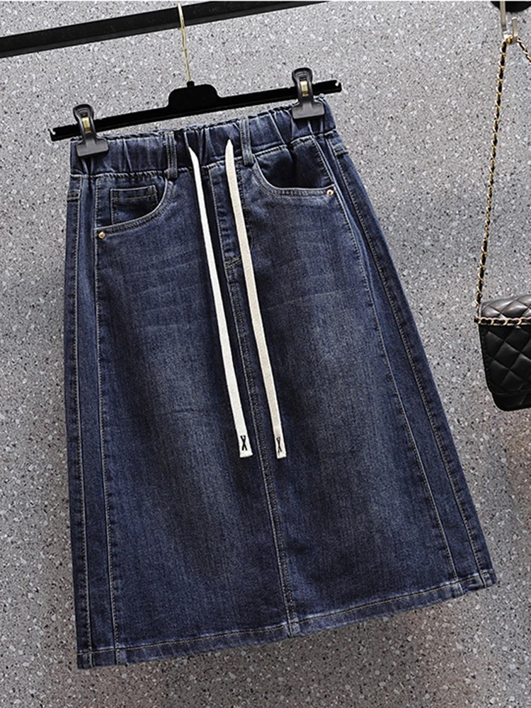 Large Size Elastic Waist Denim Skirt For Women's 2024 Summer New Elastic Loose A-line Mid Skirt Fashion Lace Up Split Skirt