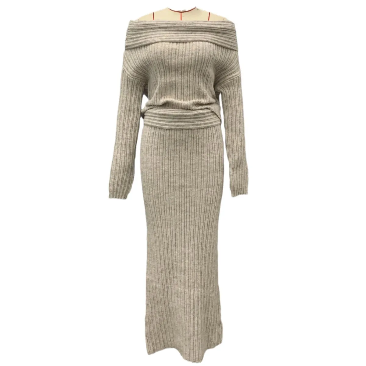 Knitted Sweater Two Piece Set Women Casual Dress Sets Loose Autumn Winter Slash Neck Matching Sets Pullover Y2k Tops Long Skirt