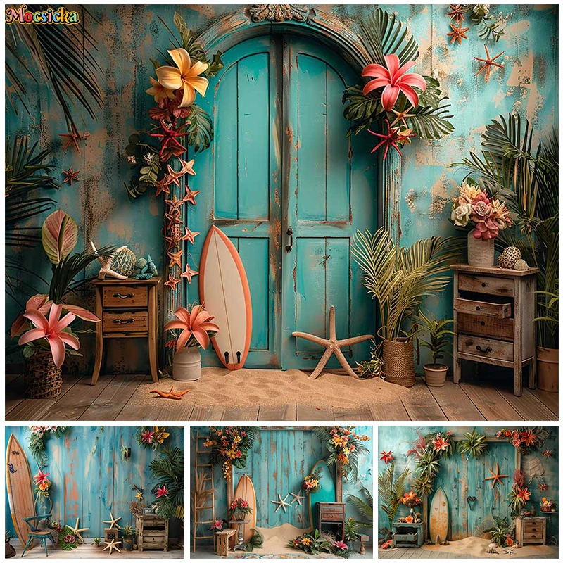 

Mocsicka Summer Photography Backdrop Happy Birthday Party Beach Wooden Door Background Cake Smash Photo Banner Studio Props