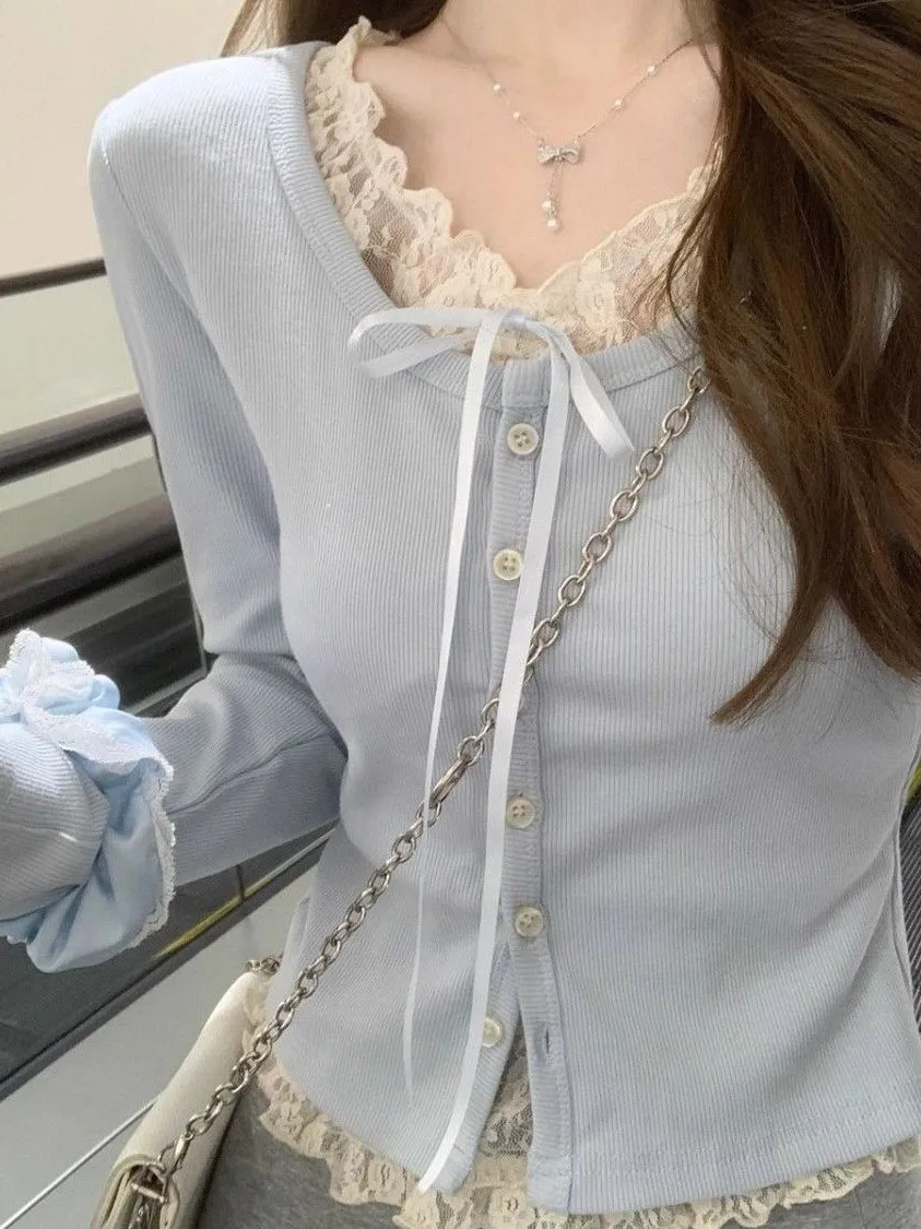 Korean Style Pure Desire Lace Splice Knot Fake Two-Piece Single Button Long Sleeve T-Shirt Women Spring Autumn New Top Ins