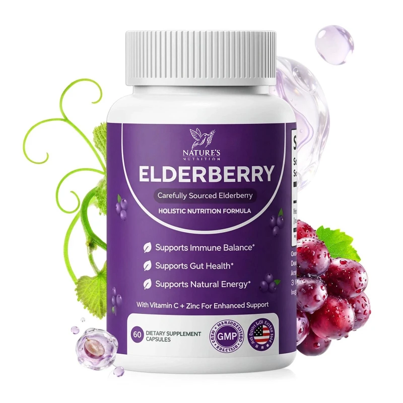Elderberry Capsules Daily Balance Wellness Support Formula Immune Aid Vegetarian Dietary Supplement 60 Count for Adult Use