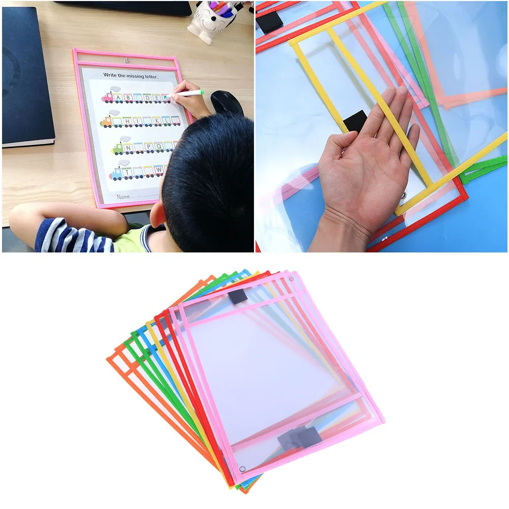 

24pcs Reusable Dry Erase Pockets Pvc Clear Double Sided Write Wipe Pockets Marker Holder For Office School Stationery Assorted