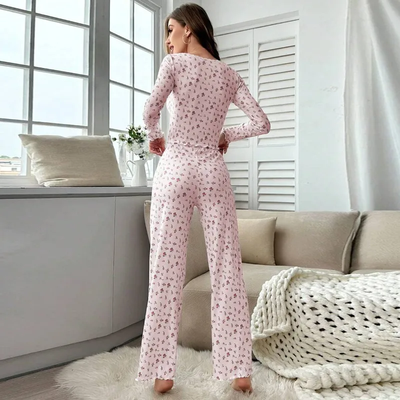 European and American Fall/Winter Loungewear: Fashionable Lace-Collar Long-Sleeve Pajama Set with Long Pants for Plus-Size Women