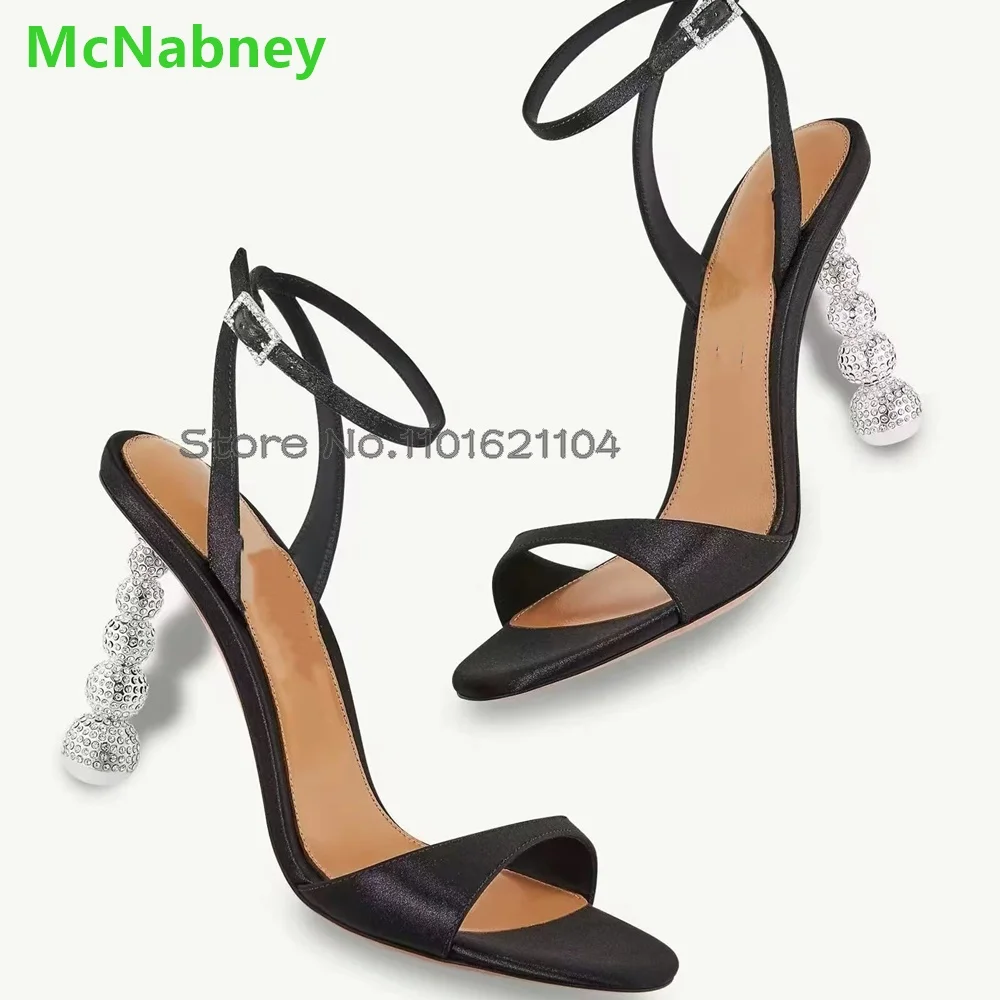 Round Toe Strange Crystal Sandals For Female Women 2024 New Slingback Ankle Buckle Strap Luxury Design Summer Fashion Shoes