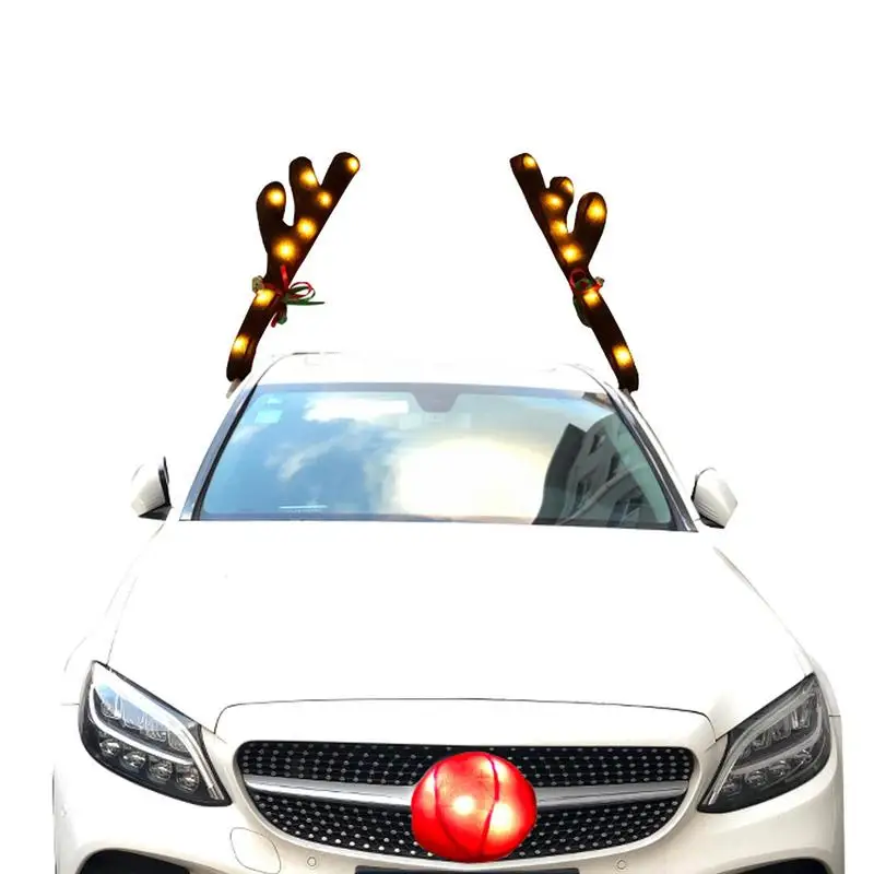 LED Car Reindeer Antlers & Nose Kit Reindeer Decoration Car Nose Horn Costume Christmas Gifts Antlers Ornaments Elk Antler