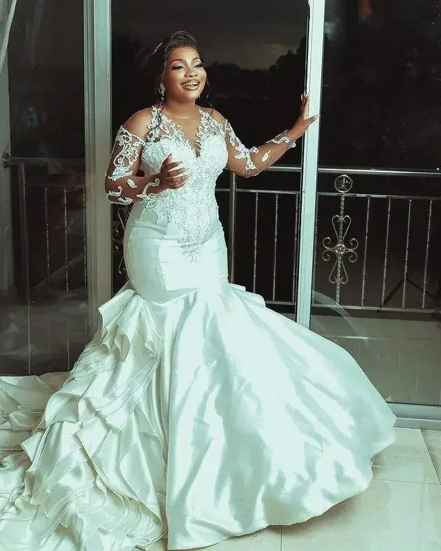 

Customized Plus Size Arabic Aso Ebi Mermaid Lace Beaded Wedding Gowns Long Sleeves Satin Sheer Neck Bridal Dresses