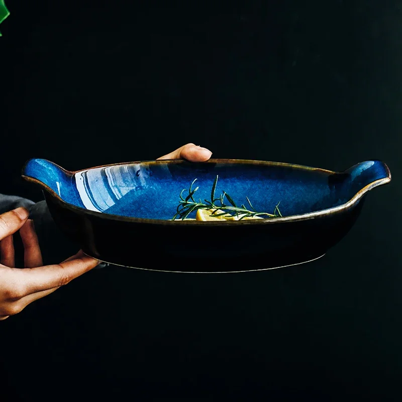 KINGLANG Klin Blue Boat shaped plate ceramic long fish bowl baking cheese bowl dish