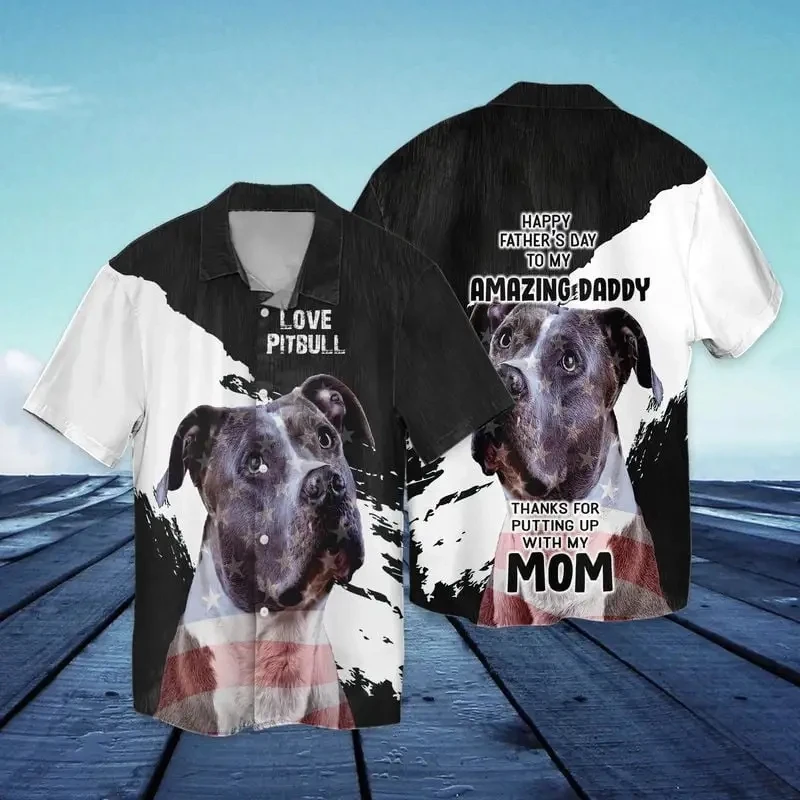 

3D Printed Love Pitbull Graphic Hawaiian Casual Shirt For Men Short Sleeve Oversized Beach Blouse Shirts Cute Animal Dog Shirt