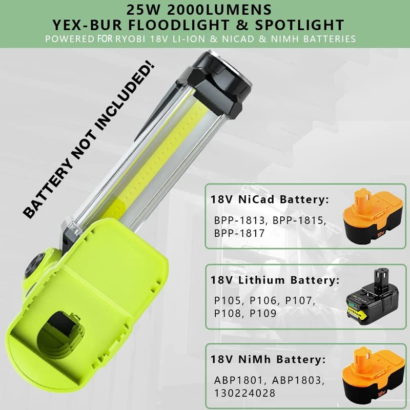 

25W 2000LM LED Work Light for Ryobi 18V Li-ion Battery Portable Floodlights Camping Light with Hook for Workshop Garage Camping