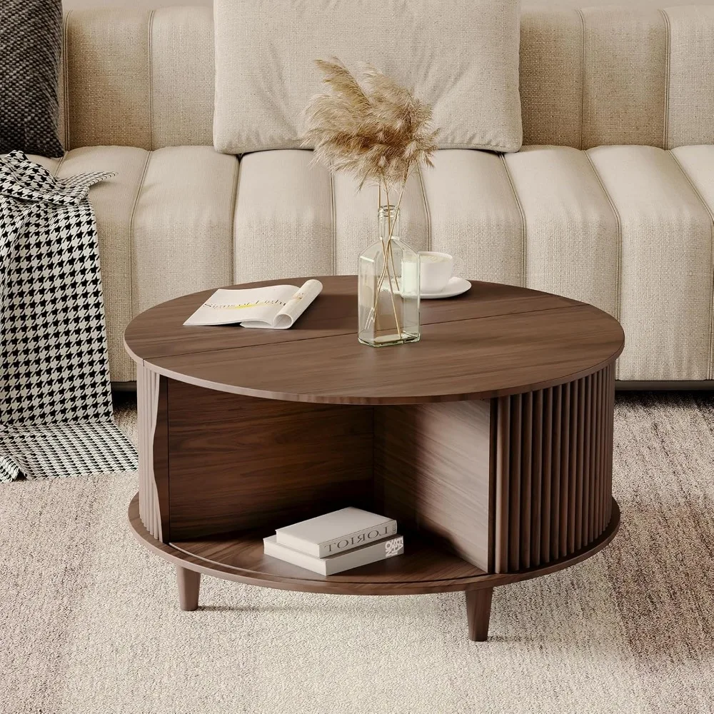 Compact Storage Coffee Table with Sliding Door for Small Living Spaces, 31.5 Diameter Center Table