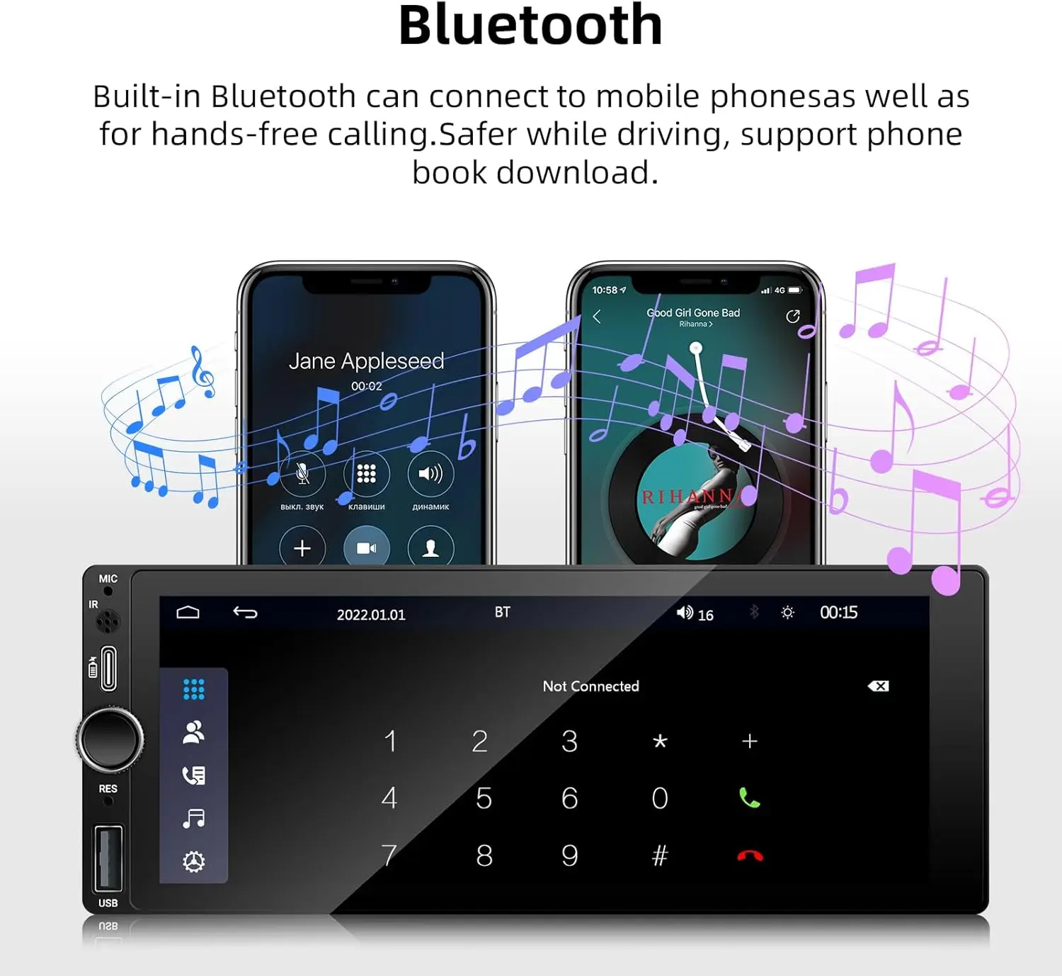 6.86' Car Radio with Wireless CarPlay & Android Auto, Type-C USB, Bluetooth, Backup Camera, Single-Din