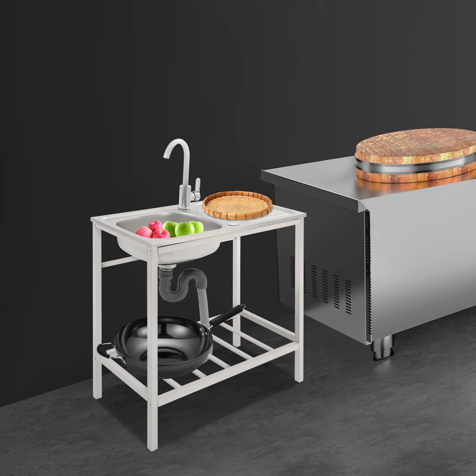 Large Single Basin Kitchen Sink, 29.5x29.5x15.7 Inch Freestanding Sink with Countertop & Lower Storage Shelf, Modern Rectangular