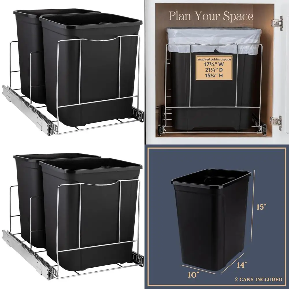 

Adjustable Double 7 Gallon Trash Cans, Heavy-Duty, Lifetime Warranty, 17¾ Cabinet Width, Rust-Resistant Chrome