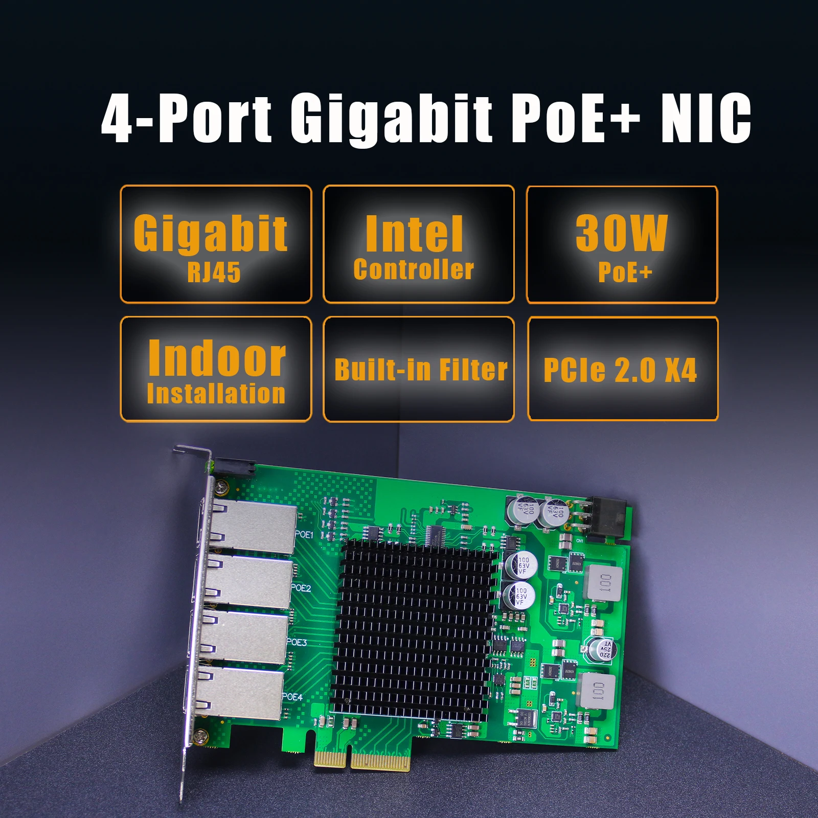 4-Port Gigabit PoE+ Network Card, Built-in Filters Reduce Electromagnetic Interference, Ethernet RJ45 LAN Port, PCIE 2.0 X4 Inte