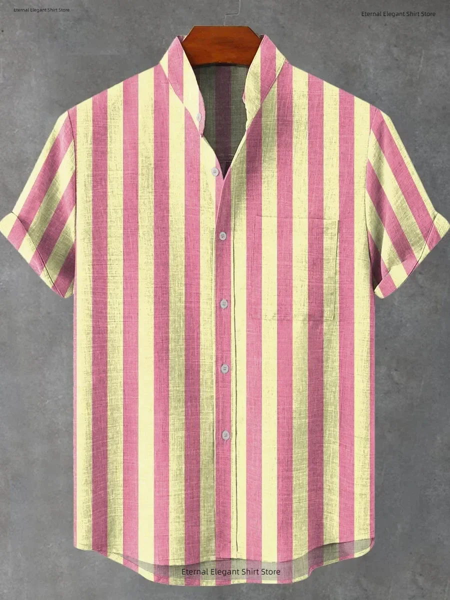 2025 men's new striped high-quality linen short sleeved shirt, summer comfortable fabric button top, 12 colors to choose from