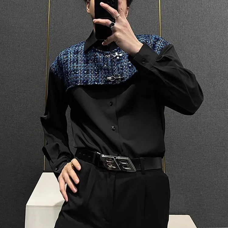 

Retro Splicing Long Sleeve Shirt Men's Loose Korean Style Breathable Youth Fashion Standard Fit Collar Button down
