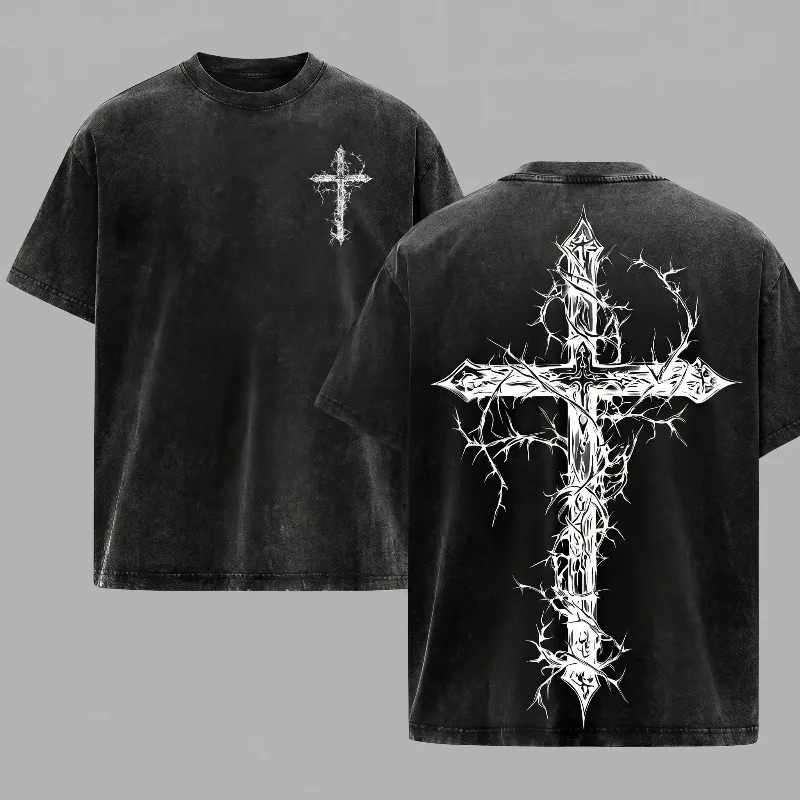 Angesagtes Retro Schwarzes Acid-Washed Gothic T-Shirt Vintage Washed Y2K T-Shirt für Männer und Frauen Sommer Neues Lässiges Unisex T-Shirt Top