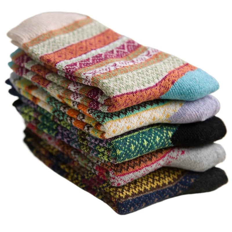 

Осенние и зимние женские шерстяные носки Этнические женские носки Носки в полоску с цветочным принтом