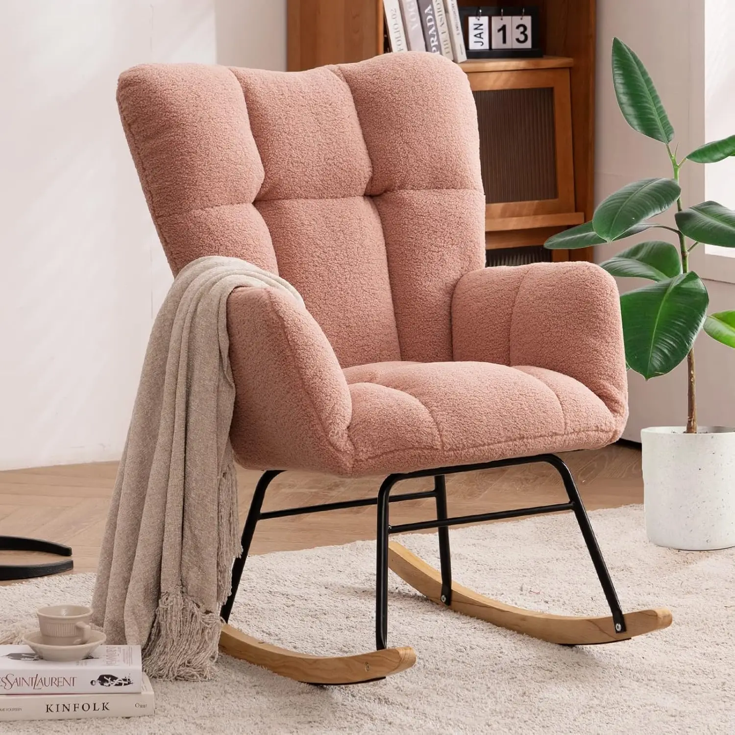 Rocking Chair Teddy Upholstered Glider Rocker Accent Chair Padded Seat with High Backrest Armchair Comfy Side Chair (Pink Teddy)