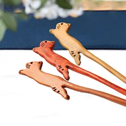 Cat Shaped Hair Sticks Forks Chinese Hanfu Hair Accessories Girls Funny Wooden Hairpin Hair Clasp Daily Hair Bun Chopsticks
