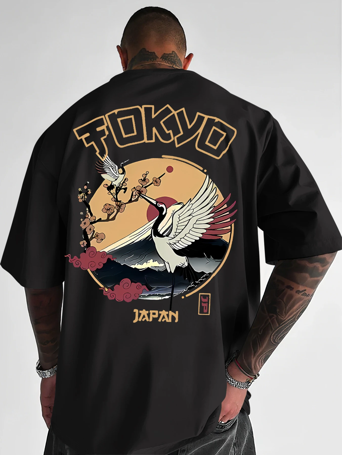 Men's Summer New Fashion Printed T-Shirt, Tokyo Japan Crane & Mount Fuji Print, Machine Washable, S-XXL