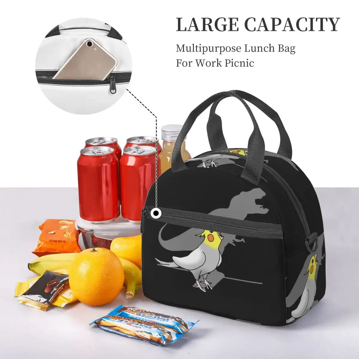 Dinosaur Shadow Cockatoo Cockatiel Insulated Lunch Bag for Women Kids Leakproof Food Boxes Thermal Lunch Box Tote