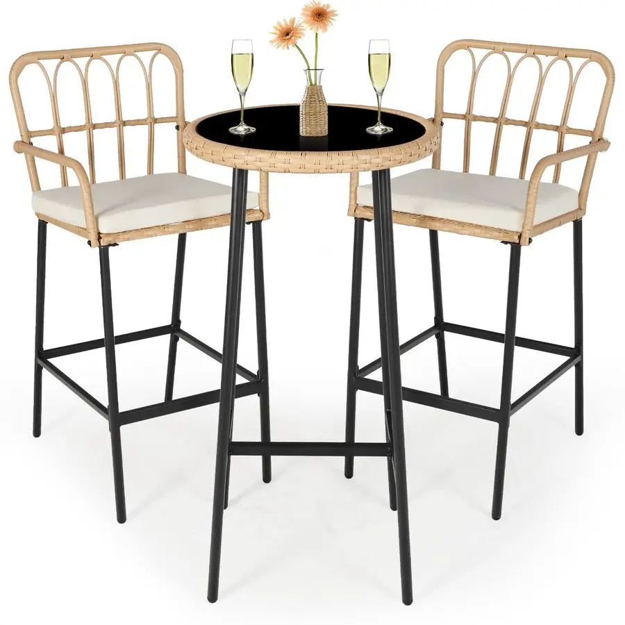 Outdoor Bar,3 Piece Height Table Patio Rattan Wicker Furniture Chairs Set,22 Patio Bar Table and Outdoor Bar Stool Set of 2,with