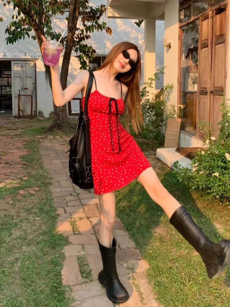 Red Floral ter Dr Women's Summer Slimming Belted ort Skirt Trendy Beach Vaion Sle Strapl  Dr