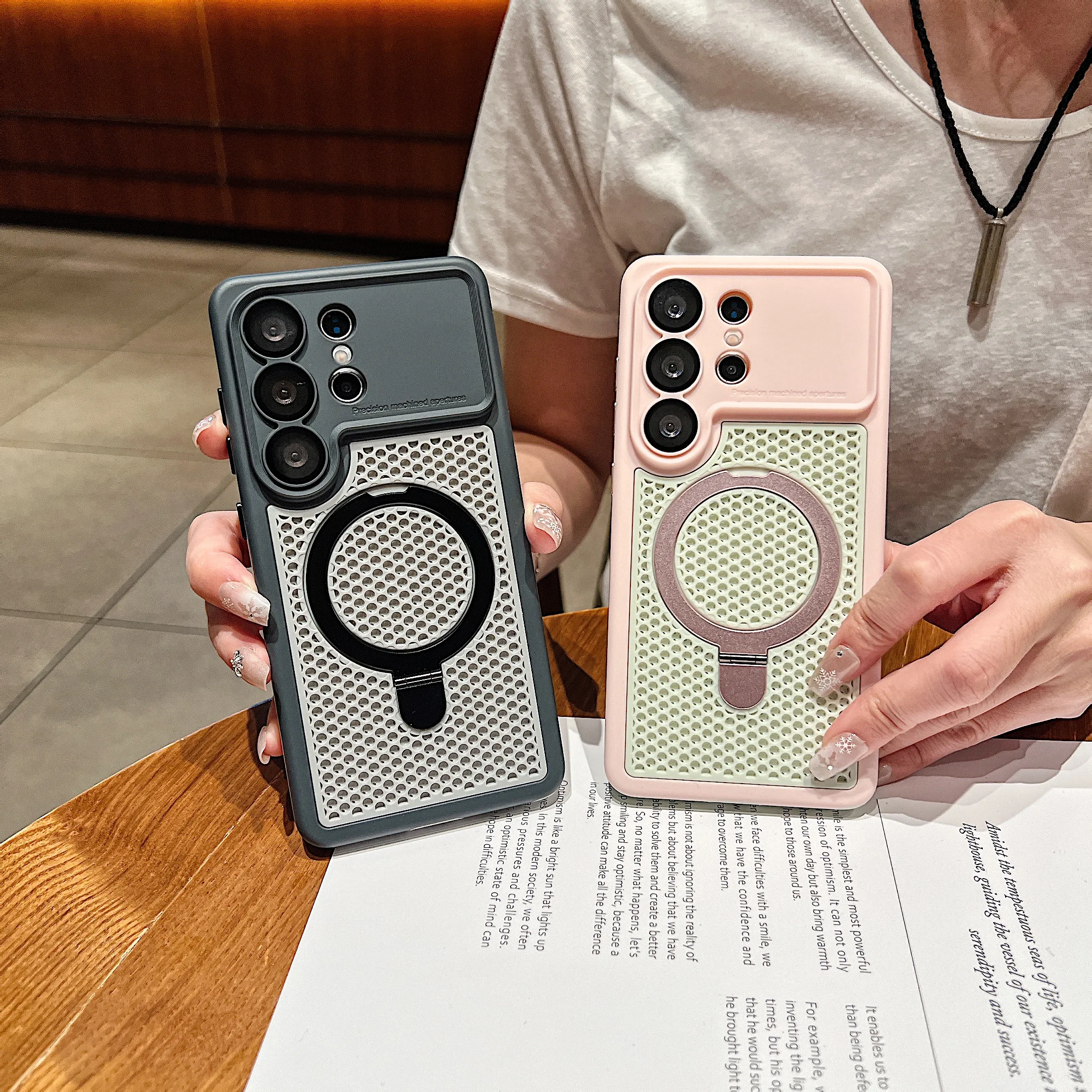 New Luxury Heat Dissipation Mesh Hole Phone Case for Samsung S24 S25 S26 Ultra Magnetic Wireless Charge Stand Holder Armor Cover - view 3